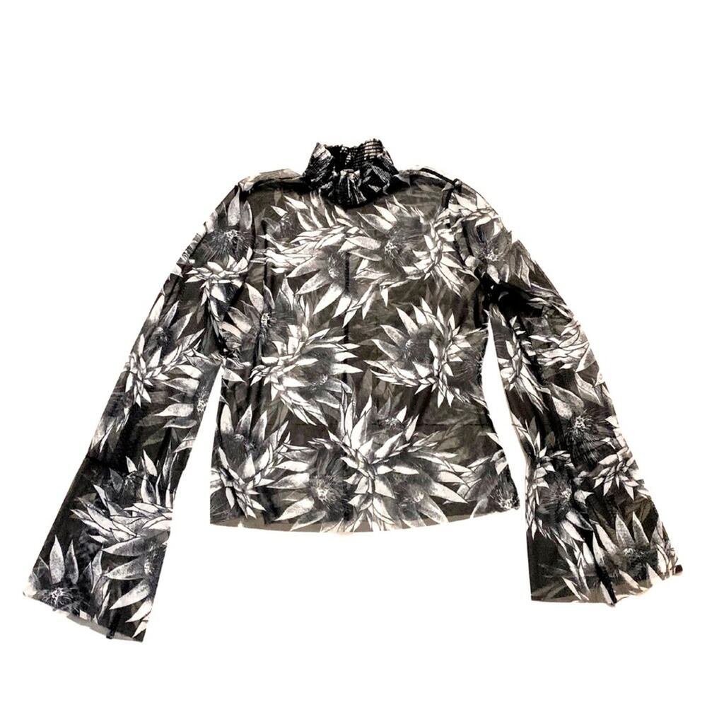 2/$30 ZARA Black White Floral Semi Sheer Top Small Long Sleeves Sunflower Y2K